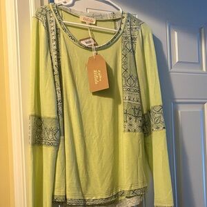 Listicle Lime Green Long Sleeve Top with Blue Patterns